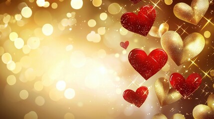 Poster - A warm golden abstract background with softly glowing hearts and red elements, celebrating love and romance.
