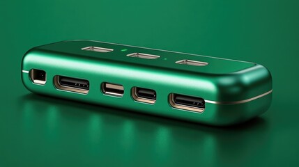 Poster - Multi-port fast charging adapter with sleek metallic design, set against a green background, symbolizing efficient energy transfer