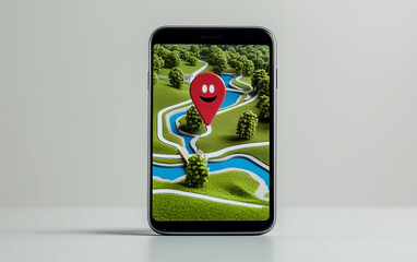 Poster - Smartphone displaying location indicator on map with trees and river. Smartphone shows location indicator on detailed map with river and trees. Location indicator with smile on smartphone map