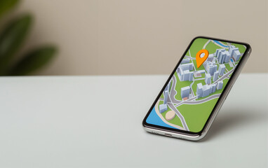 Poster - Smartphone with Map and Navigation App Displaying Location Pin on Screen. Mobile phone showing city map with location pin for navigation app