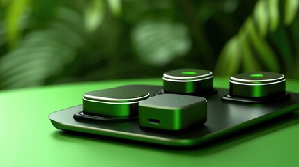 Poster - Multi-port fast charging adapter with sleek metallic design, set against a green background, symbolizing efficient energy transfer