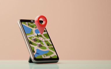 Poster - Smartphone displaying mobile map with location pin on screen. Mobile phone with city map and red location pin. Mobile navigation app on smartphone