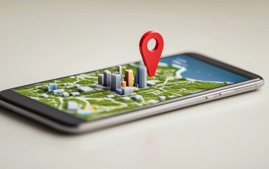Poster - Smartphone displaying map with location pin and city buildings. Smartphone showing city map with buildings and location pin on screen