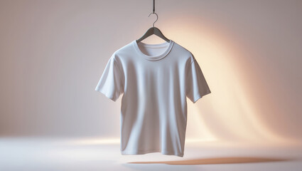 Poster - white t-shirt hanging on a hanger against a softly lit background showcasing modern minimalist desig