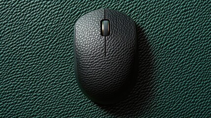 Poster - Premium wireless mouse with a luxurious leather-textured finish, placed on a vibrant green background, showcasing elegant craftsmanship