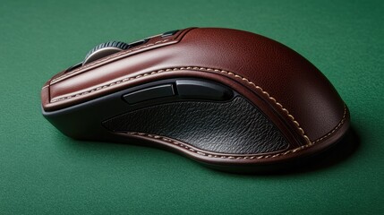 Poster - Premium wireless mouse with a luxurious leather-textured finish, placed on a vibrant green background, showcasing elegant craftsmanship