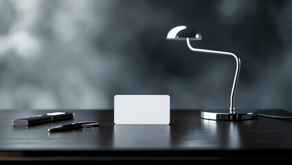 Poster - Elegant workspace with a sleek lamp, blank card, and pen on a modern wooden table in soft focus background