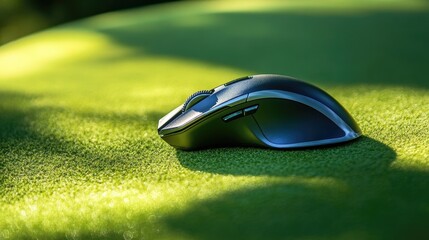 Poster - Sleek business wireless mouse with an elegant curved design, placed on a green background, showcasing professional aesthetics