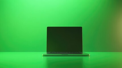 Poster - Sleek modern laptop with ultra-thin bezels, placed on a vibrant green background, symbolizing advanced computing technology