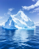 Iceberg floats on ocean; glaciers & clouds in background. Use Climate report