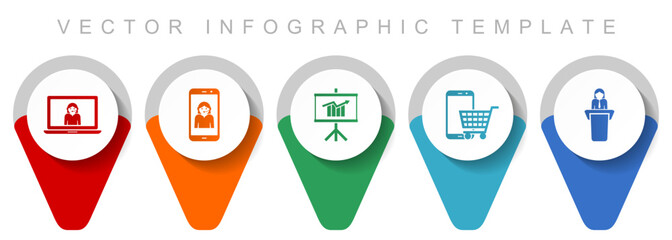 Poster - Online store pointer collection, miscellaneous icons such as customer service, seminar, cart and learning, flat design vector infographic template in eps 10