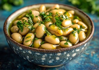 Wall Mural - bowl full of boiled fava beans garnished with olive oil and parsley, placed on a blue ceramic tile background