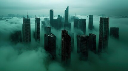 Poster - Acid rain climate change idea. Mysterious city skyline enveloped in green mist and fog, creating an eerie atmosphere.