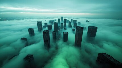 Poster - Acid rain climate change idea. Aerial view of skyscrapers emerging from thick fog, creating a mystical urban landscape.