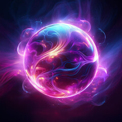 Wall Mural - abstract round magical energy sphere. glowing electric ball in neon pink purple clouds of smoke.