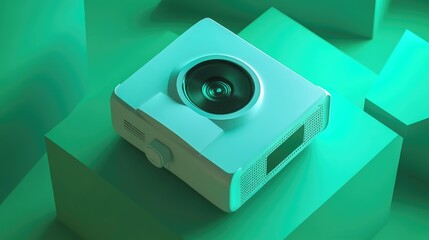 Poster - Stylish portable mini projector with K resolution, set on a green backdrop, representing cutting-edge home entertainment
