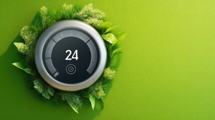 Poster - Touchscreen smart thermostat with energy-saving features, placed on a green background, symbolizing home automation