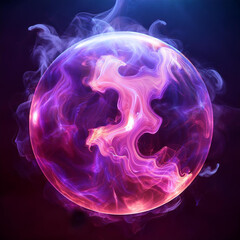 Wall Mural - abstract round magical energy sphere. glowing electric ball in neon pink purple clouds of smoke.
