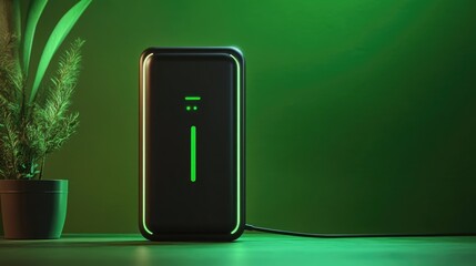 Poster - Ultra-modern fast charging brick with LED power indicators, placed on a green backdrop, representing efficient energy management