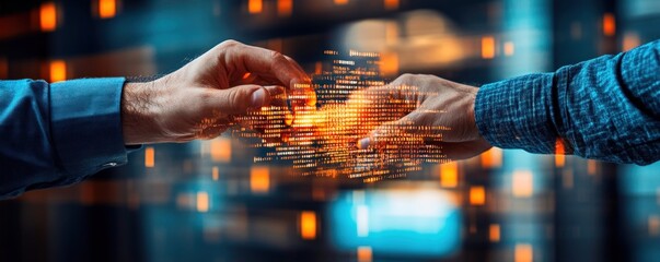 Poster - Hands Connecting with Digital Data Flow and Technology Background