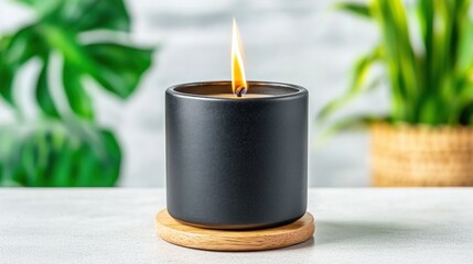 Poster - Modern Black Candle in Minimalist Setting with Greenery Background