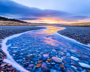 Wall Mural - river flows over pebbles reflecting sunset; for nature concepts, peaceful scenery