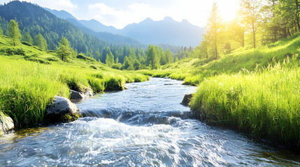 Wall Mural - River flows through meadow hills. Sunlight shines through trees. Nature background