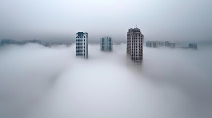 Poster - Acid rain climate change idea. Tall buildings emerging from dense fog, creating a mystical urban landscape.