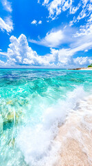 Wall Mural - scenic tropical beach, aqua ocean waves, blue skies, fluffy clouds. travel photo