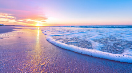 Wall Mural - serene beach sunrise with waves washing ashore; golden reflection; relaxation