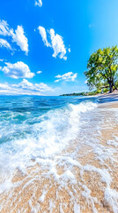 Wall Mural - shoreline bliss ocean wave rolls onto sandy beach by tree on summer sunny day