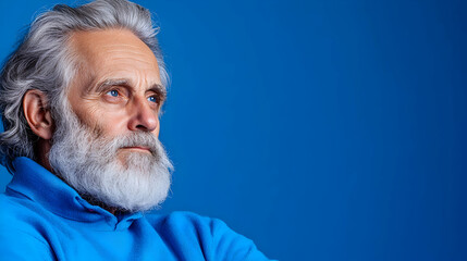 Silver bearded man in blue looking left against solid background. Headshot portrait