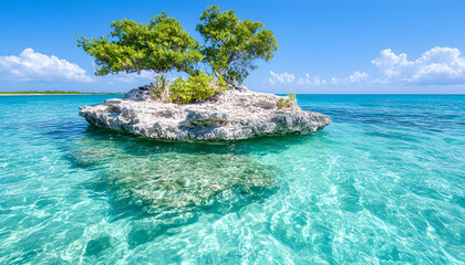 Wall Mural - small rocky island with trees in crystal clear water for summer travel posters