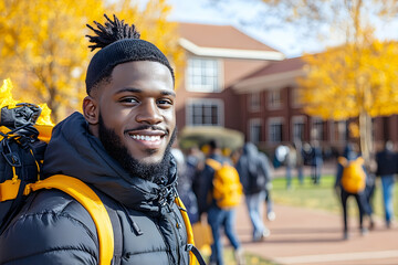 Smiling student travels on campus in autumn. Classmates fill the background