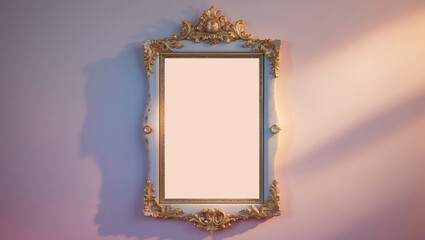 Poster - elegant vintage mirror with ornate gold frame displayed against a softly lit wall in a cozy room