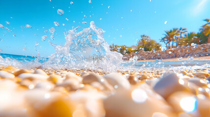 Wall Mural - splashing wave on pebble beach under blue sky; idyllic tropical background for travel ad