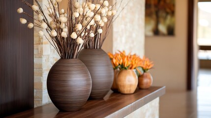 Poster - Stylish Decorative Vases with Dried Flowers and Fresh Blooms on a Shelving Unit in Modern Decor : Generative AI