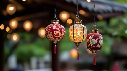 Poster - Three Colorful Lanterns Hanging in a Festive Setting with Soft Glowing Lights and Warm Atmosphere : Generative AI