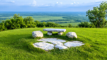 Wall Mural - Stone bench on a hilltop overlooking a valley, green grass, and a cloudy sky