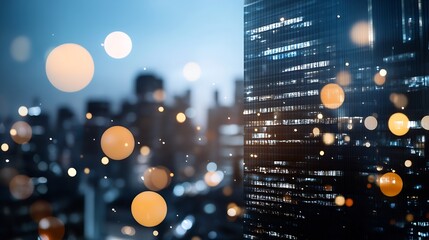 Poster - Stunning cityscape at dusk with glowing bokeh lights and skyscrapers in the background : Generative AI