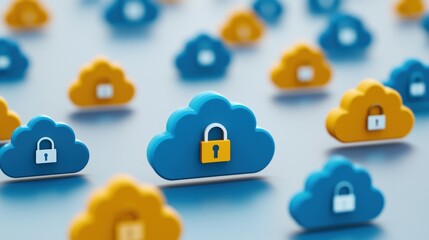 Poster - A visual representation of cloud security, showcasing blue and yellow cloud icons with padlocks, symbolizing data protection and cybersecurity.