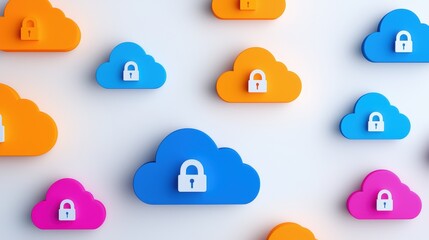 Poster - Colorful cloud icons with padlocks symbolize cloud security and data protection in a vibrant digital landscape.