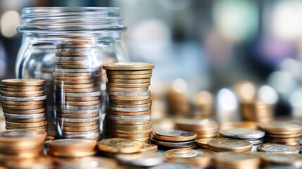 Poster - Copper and silver coins stacked in a glass jar representing savings and finances : Generative AI