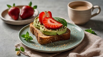 Wall Mural - A crispy whole-grain toast topped with creamy avocado spread, fresh strawberry slices, and sesame seeds