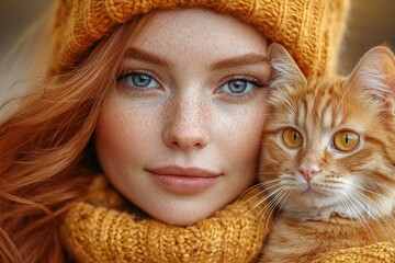 Young woman hugging a green-eyed Siberian cat. Holding her long-haired feline friend, the background is a copy space with a close-up view. This captures the cuteness of a domestic pet