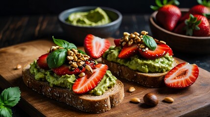 Wall Mural - A crunchy toast with guacamole, sliced strawberries, and balsamic glaze