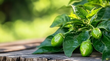 Fresh green chili peppers growing vibrantly on a plant surrounded by lush greenery and natural sunlight : Generative AI