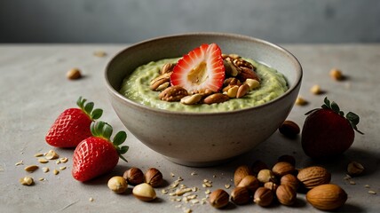 Wall Mural - A warm oatmeal bowl with avocado puree, sliced strawberries, honey, and nuts