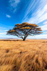 Wall Mural - Tree in a golden field under blue cloudy sky, travel and nature background