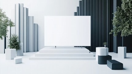 Poster - Modern Minimalist Stage with Blank Screen and Greenery Accents